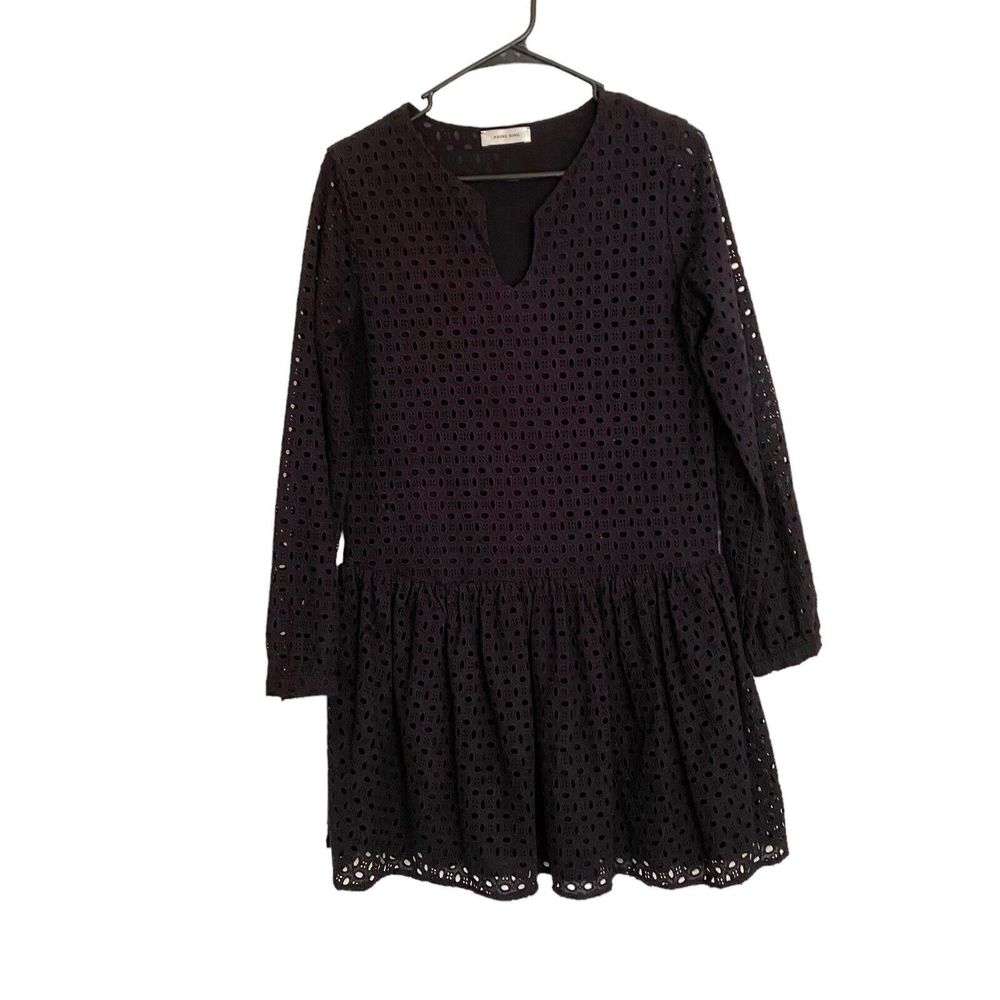 Annie Bing Women's Size XS Long Sleeve V-Neck Brigitte Eyelet Black Lace Dresss